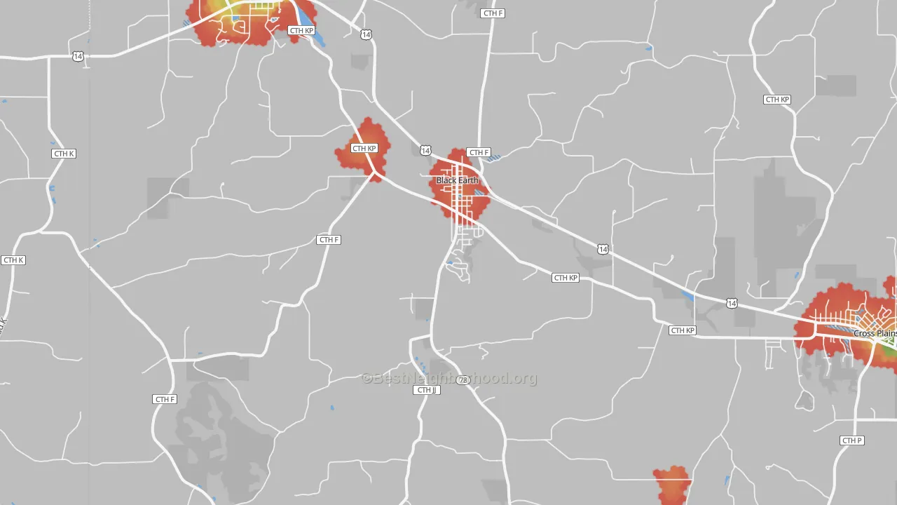Walk Grade map of 53515, WI, walkable areas in green and car-dependent areas in red
