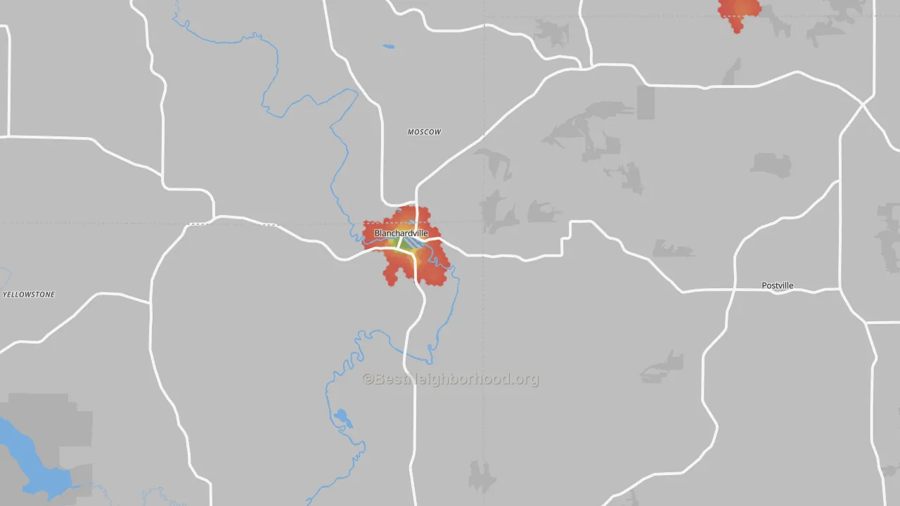 Walk Grade map of 53516, WI, walkable areas in green and car-dependent areas in red