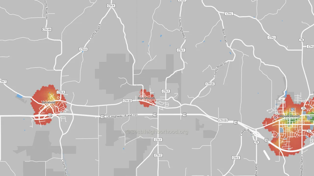 Walk Grade map of 53517, WI, walkable areas in green and car-dependent areas in red