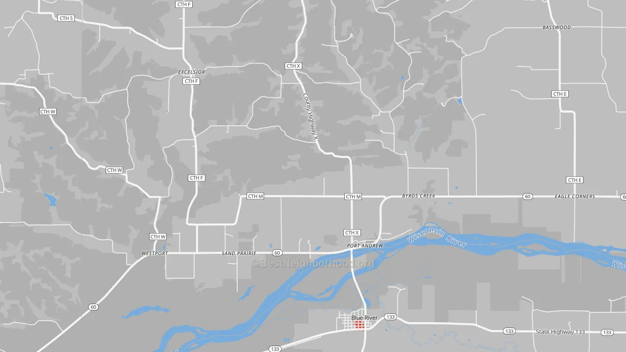 Walk Grade map of 53518, WI, walkable areas in green and car-dependent areas in red