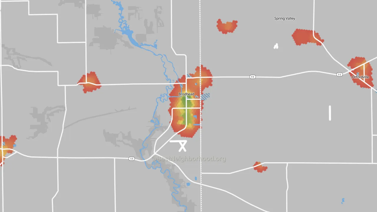 Walk Grade map of 53520, WI, walkable areas in green and car-dependent areas in red