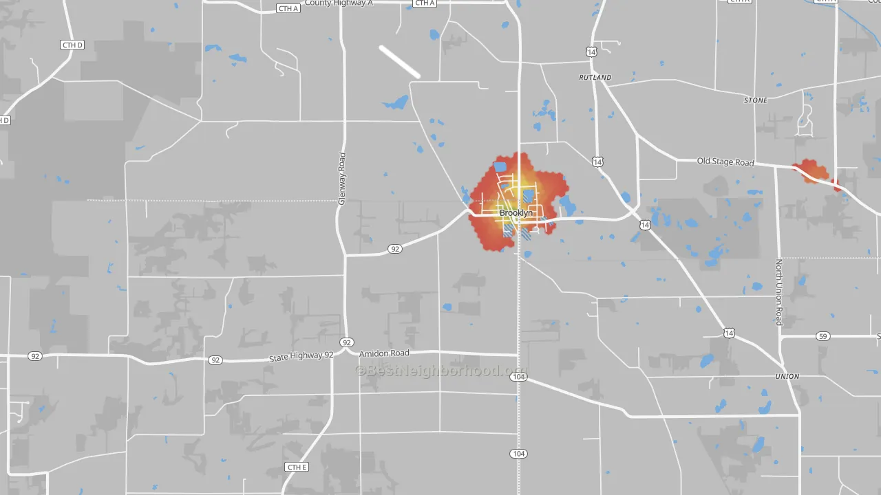 Walk Grade map of 53521, WI, walkable areas in green and car-dependent areas in red