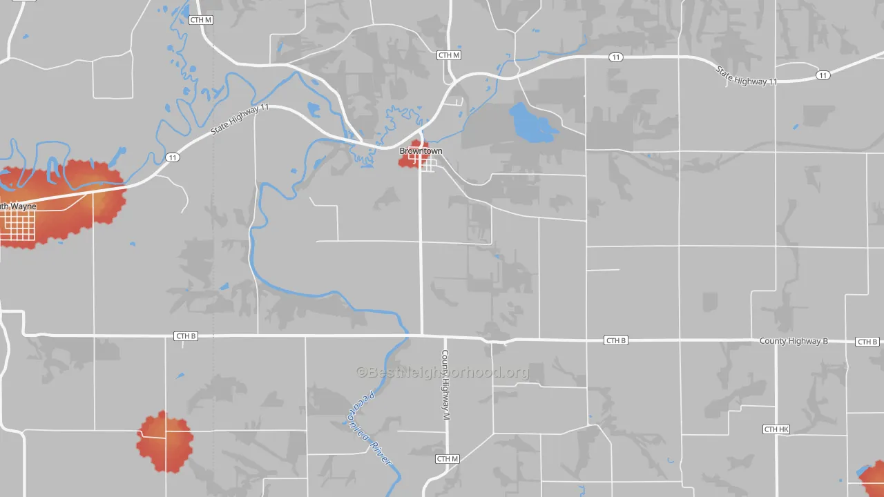Walk Grade map of 53522, WI, walkable areas in green and car-dependent areas in red