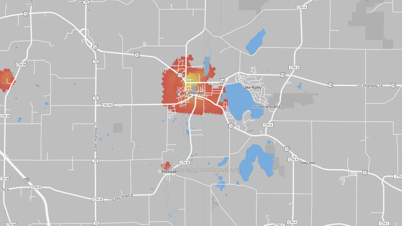Walk Grade map of 53523, WI, walkable areas in green and car-dependent areas in red