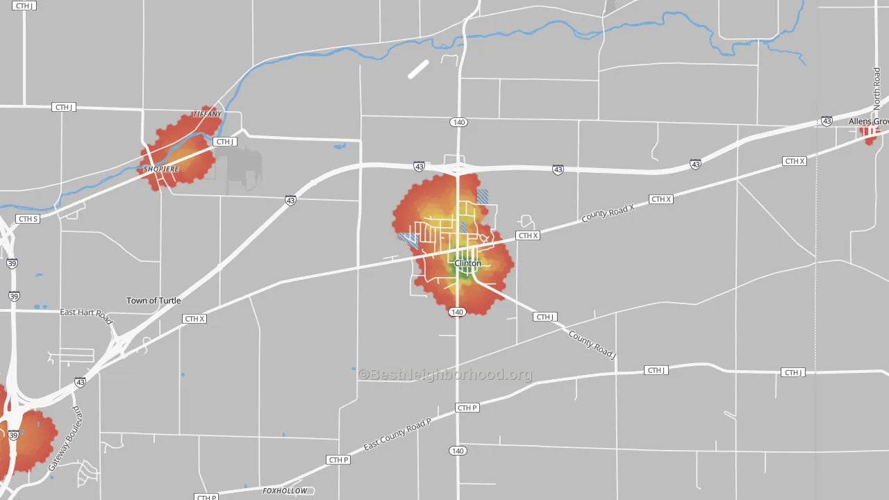 Walk Grade map of 53525, WI, walkable areas in green and car-dependent areas in red