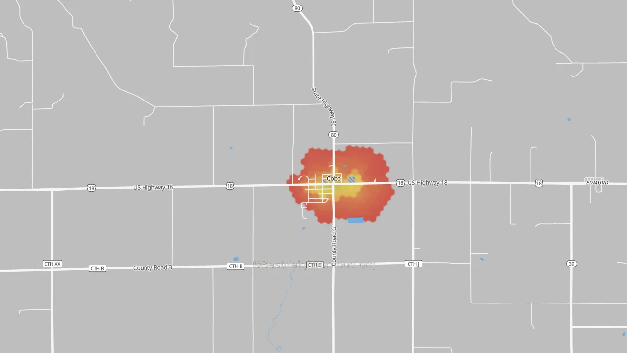 Walk Grade map of 53526, WI, walkable areas in green and car-dependent areas in red