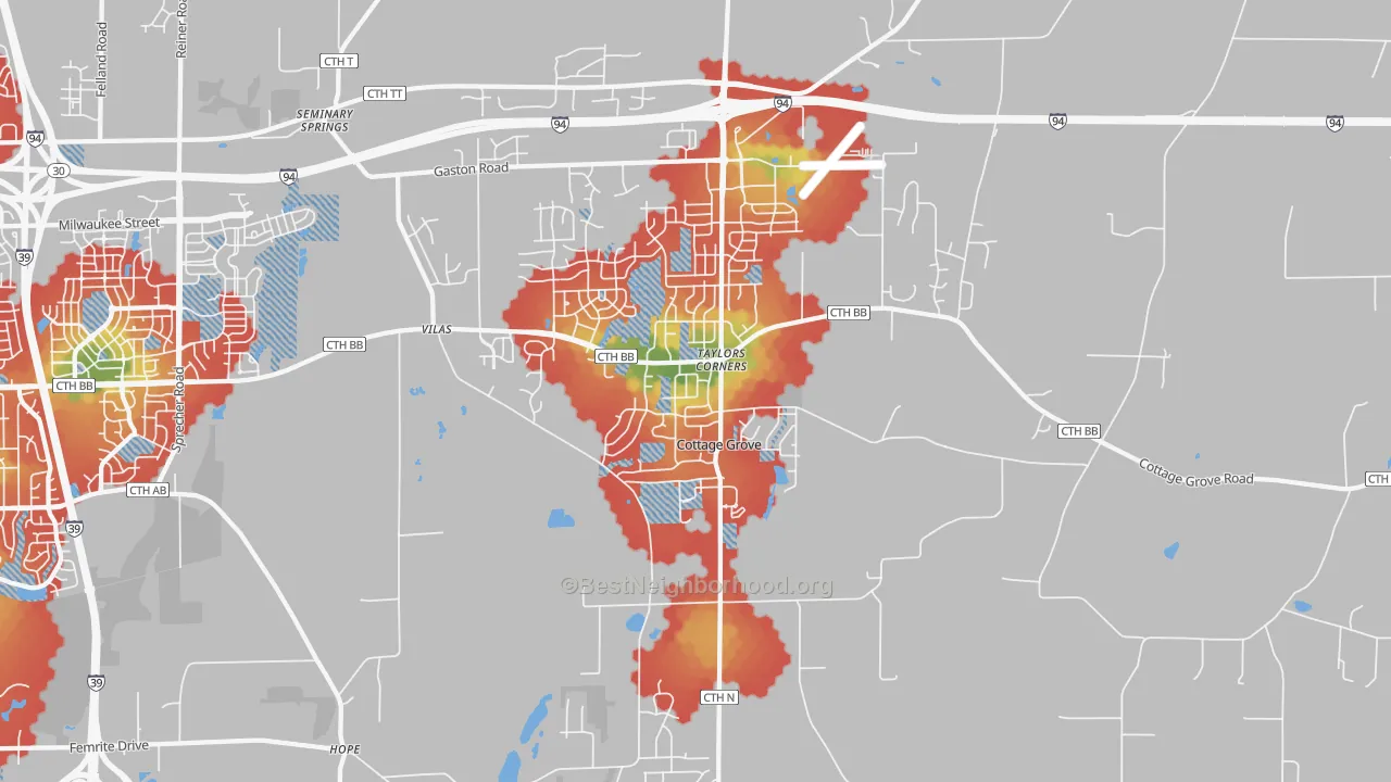 Walk Grade map of 53527, WI, walkable areas in green and car-dependent areas in red