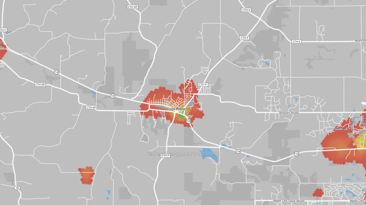 Walk Grade map of 53528, WI, walkable areas in green and car-dependent areas in red