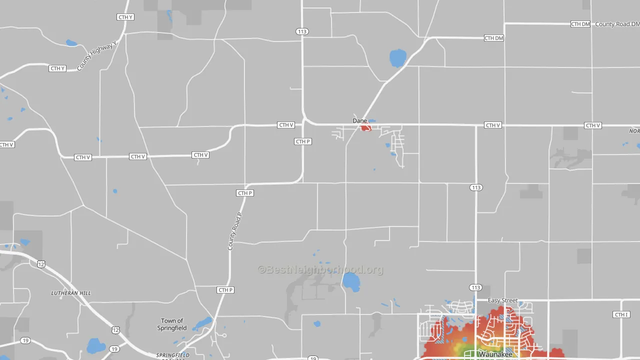Walk Grade map of 53529, WI, walkable areas in green and car-dependent areas in red
