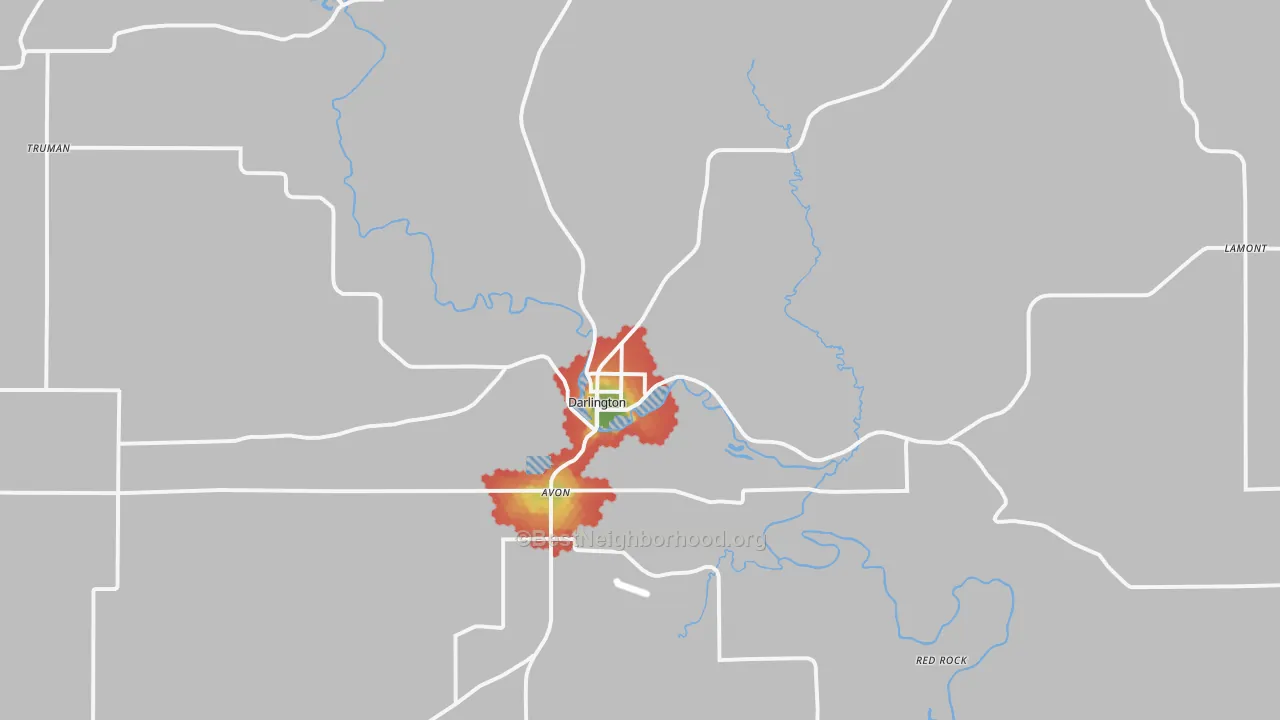 Walk Grade map of 53530, WI, walkable areas in green and car-dependent areas in red
