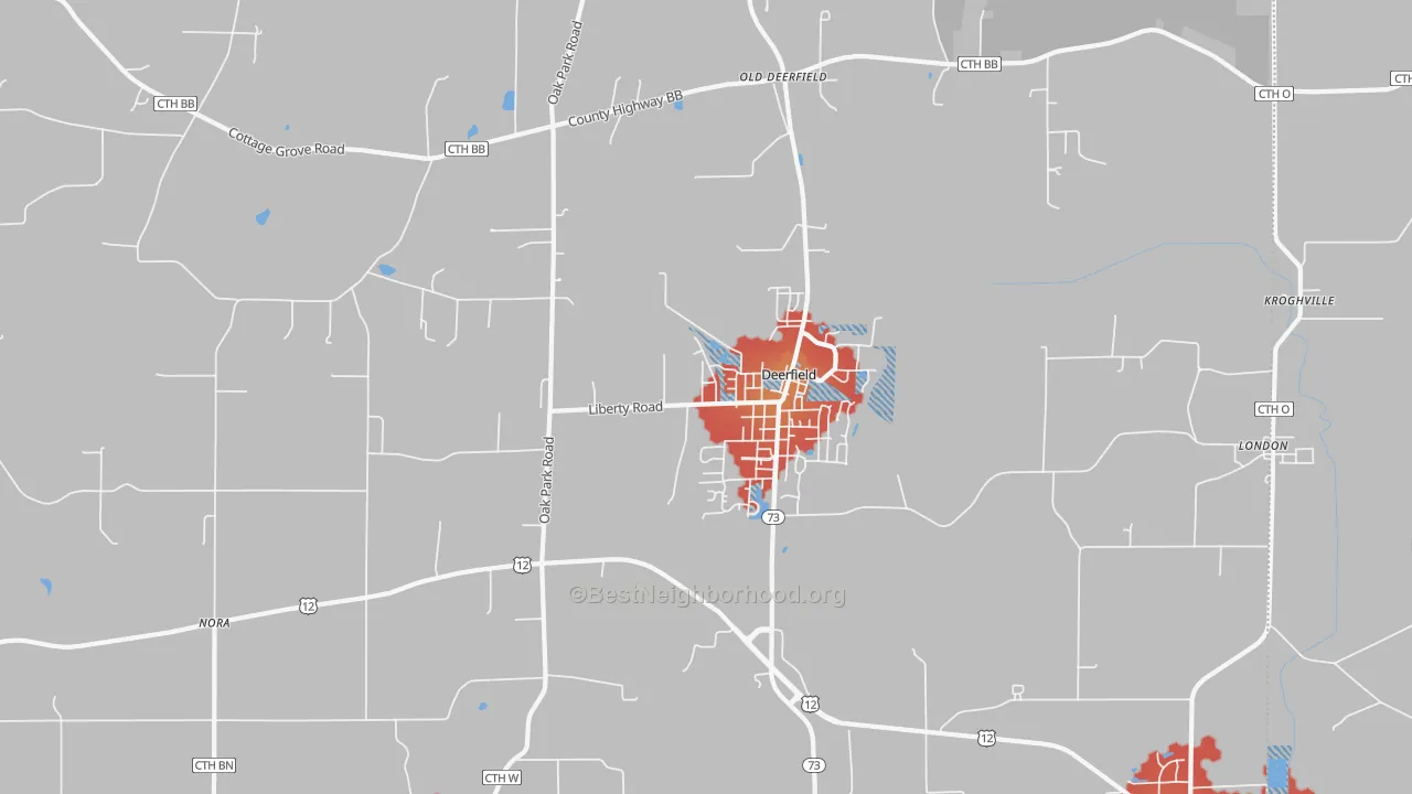Walk Grade map of 53531, WI, walkable areas in green and car-dependent areas in red