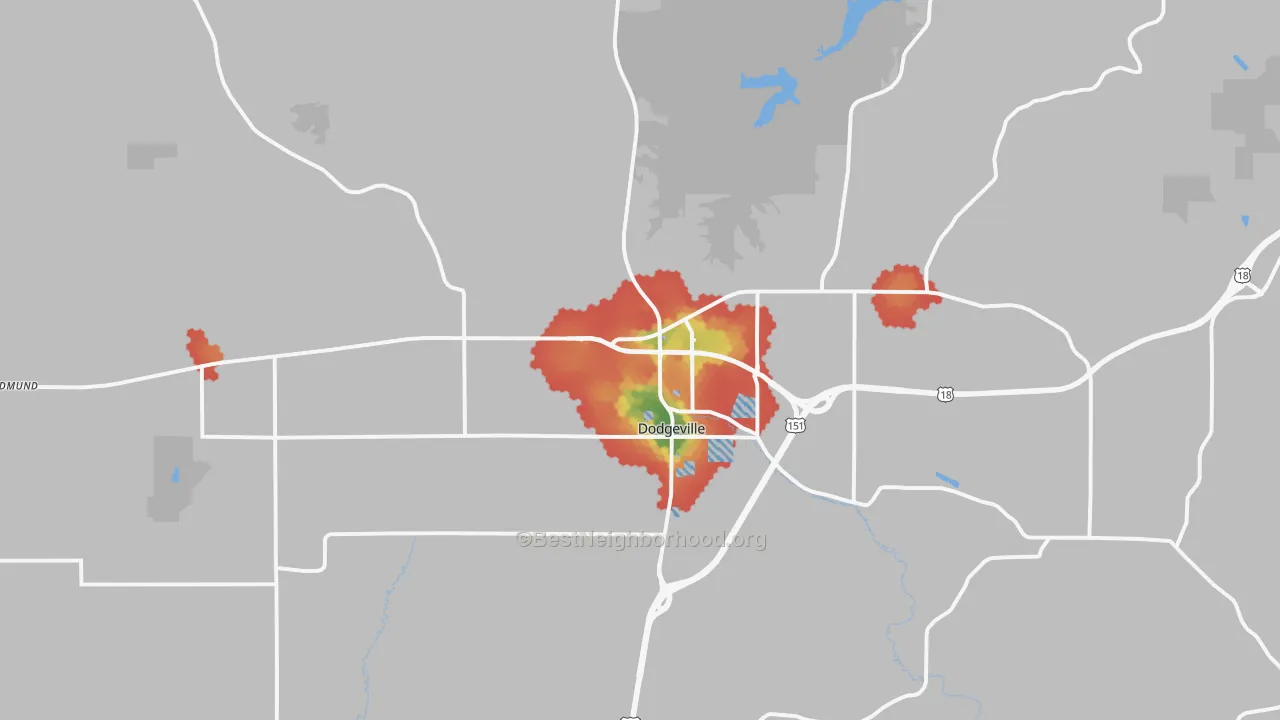 Walk Grade map of 53533, WI, walkable areas in green and car-dependent areas in red