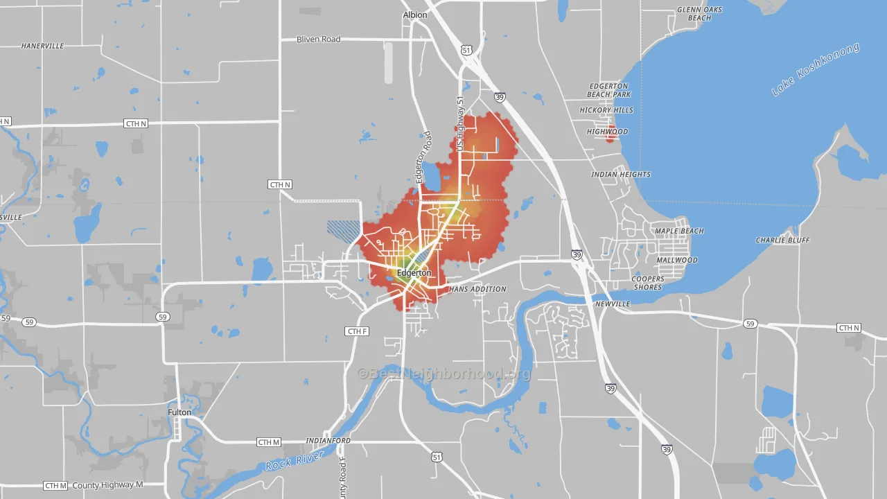 Walk Grade map of 53534, WI, walkable areas in green and car-dependent areas in red