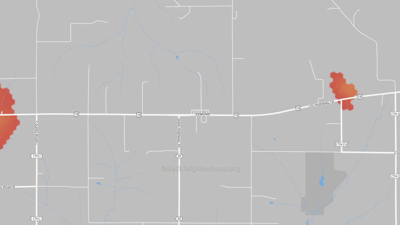Walk Grade map of 53535, WI, walkable areas in green and car-dependent areas in red