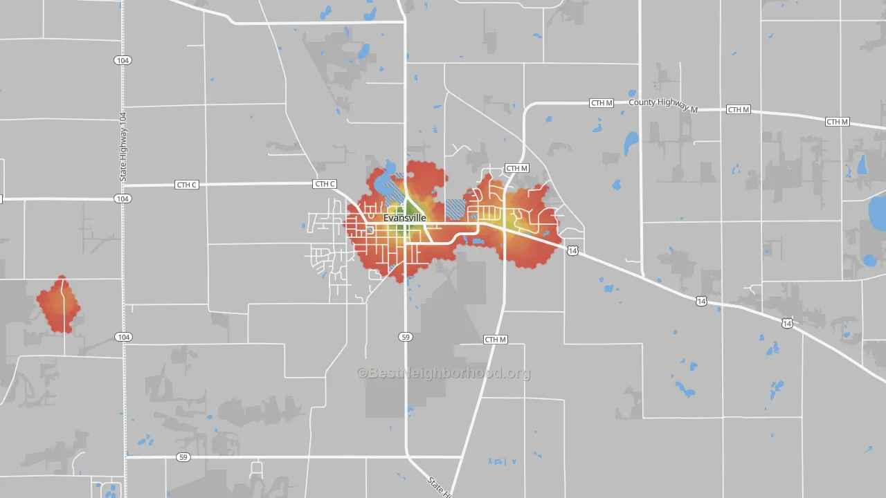 Walk Grade map of 53536, WI, walkable areas in green and car-dependent areas in red