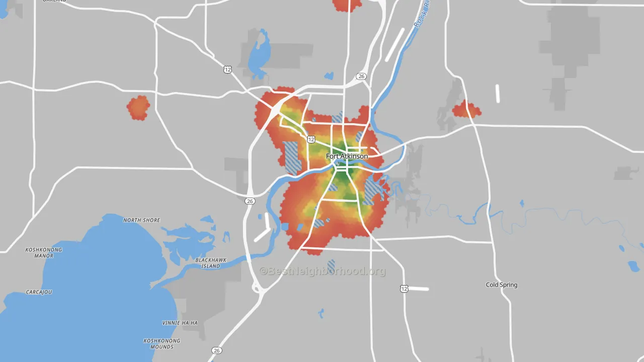 Walk Grade map of 53538, WI, walkable areas in green and car-dependent areas in red