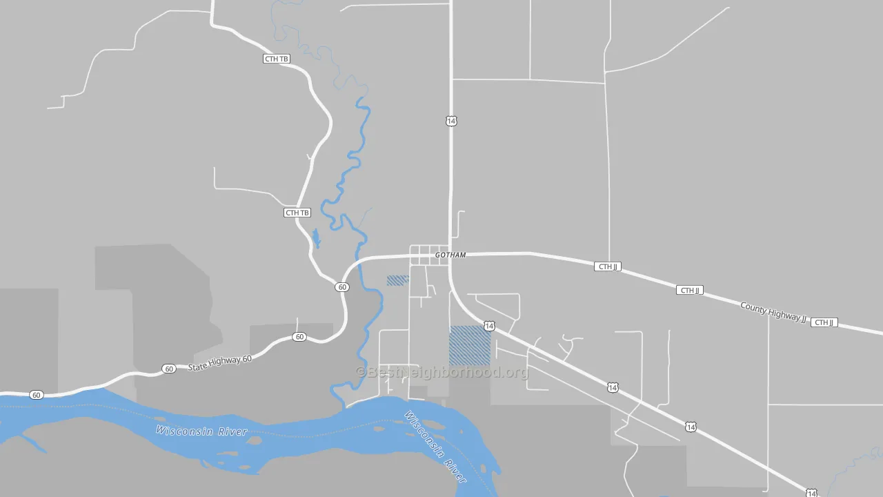 Walk Grade map of 53540, WI, walkable areas in green and car-dependent areas in red