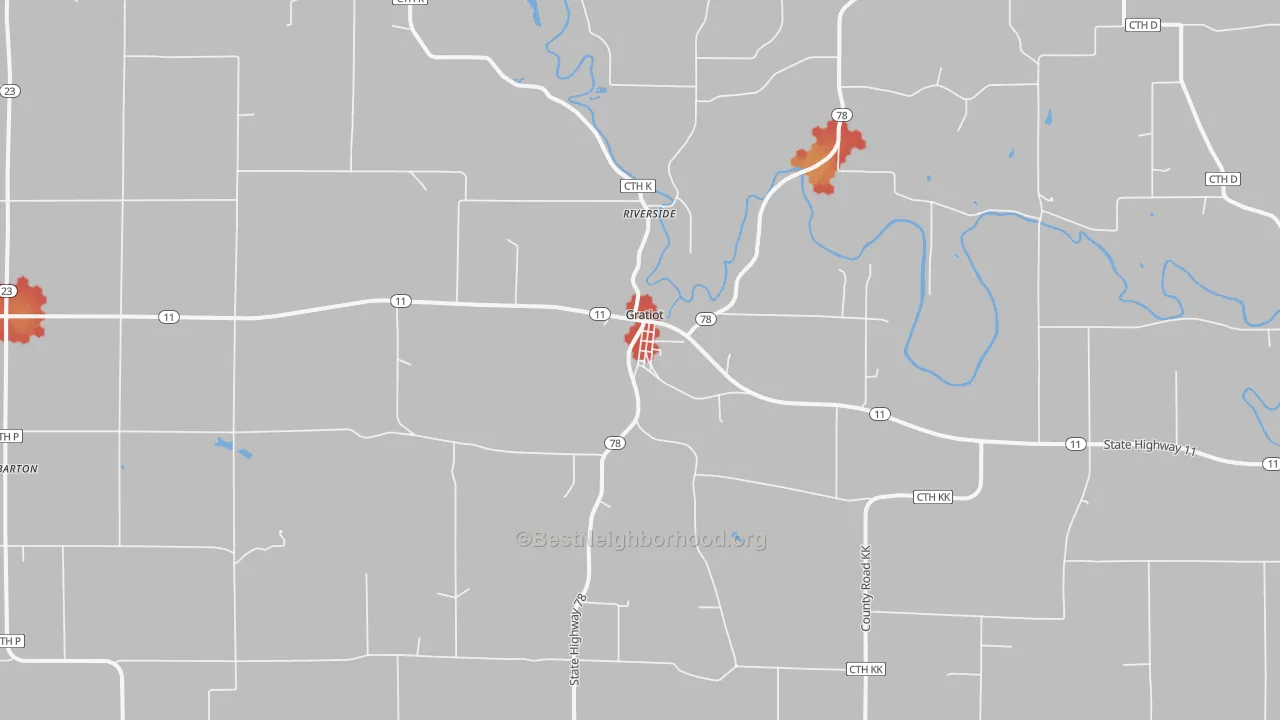 Walk Grade map of 53541, WI, walkable areas in green and car-dependent areas in red