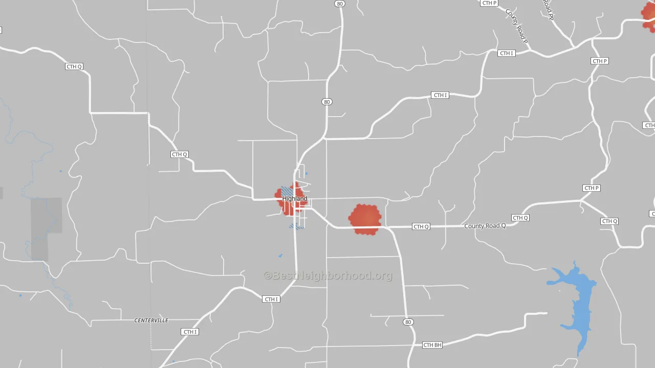 Walk Grade map of 53543, WI, walkable areas in green and car-dependent areas in red