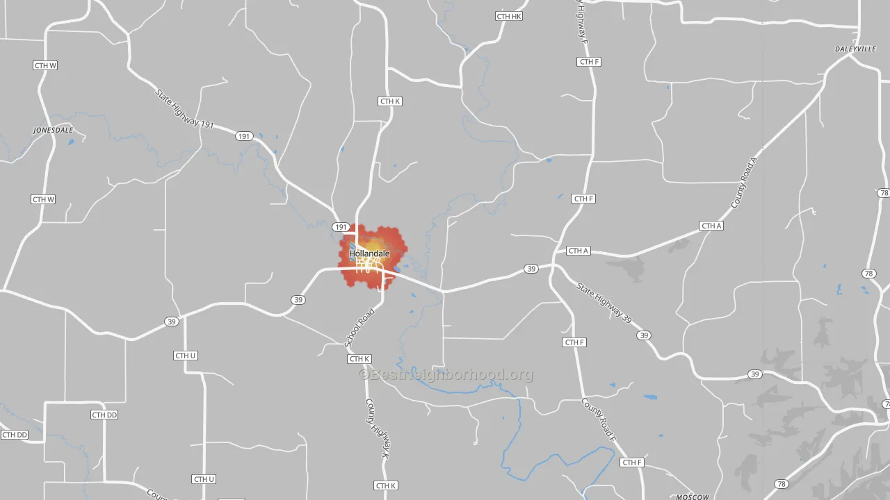 Walk Grade map of 53544, WI, walkable areas in green and car-dependent areas in red