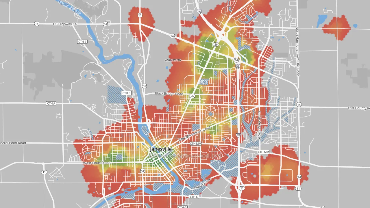 Walk Grade map of 53545, WI, walkable areas in green and car-dependent areas in red