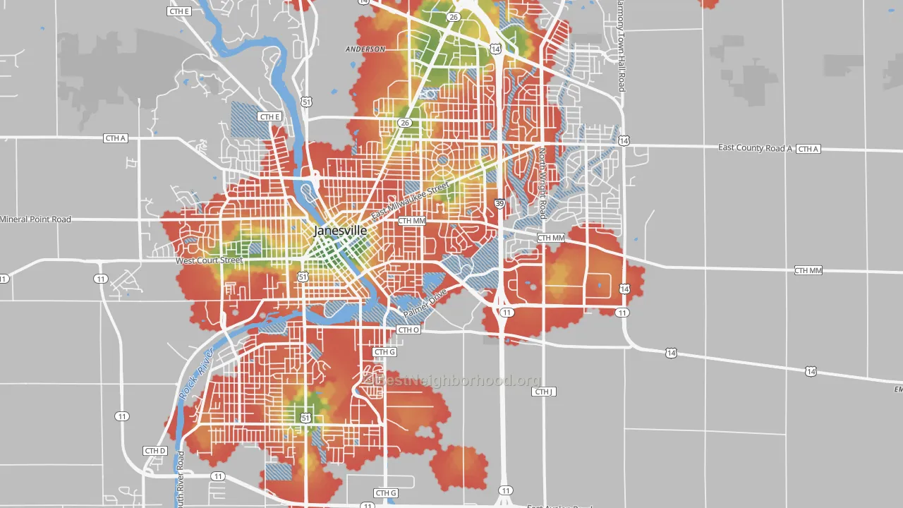 Walk Grade map of 53546, WI, walkable areas in green and car-dependent areas in red