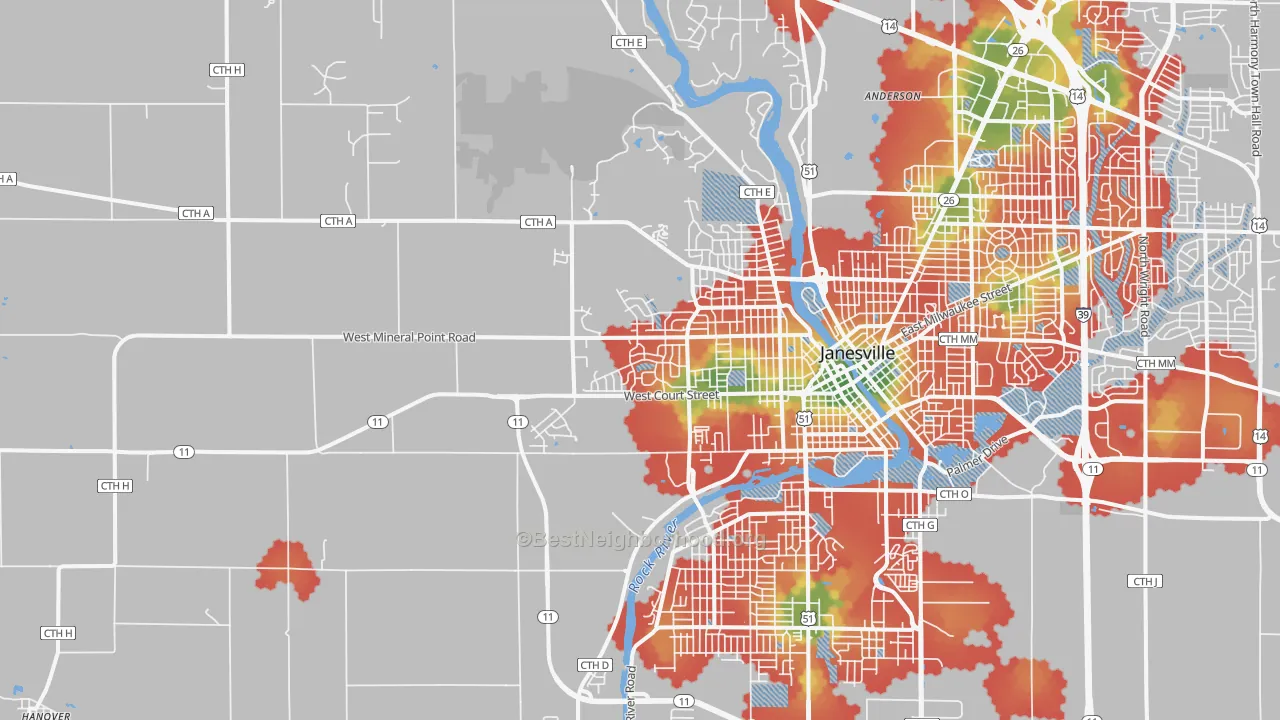 Walk Grade map of 53548, WI, walkable areas in green and car-dependent areas in red
