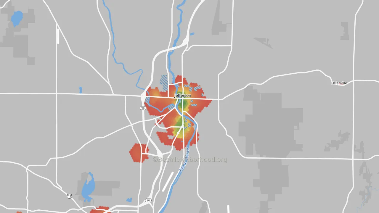 Walk Grade map of 53549, WI, walkable areas in green and car-dependent areas in red