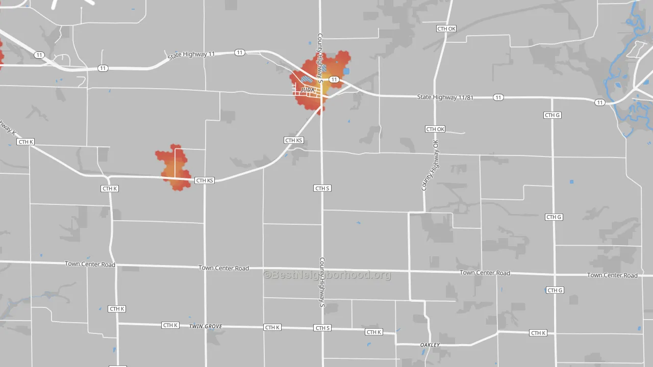 Walk Grade map of 53550, WI, walkable areas in green and car-dependent areas in red