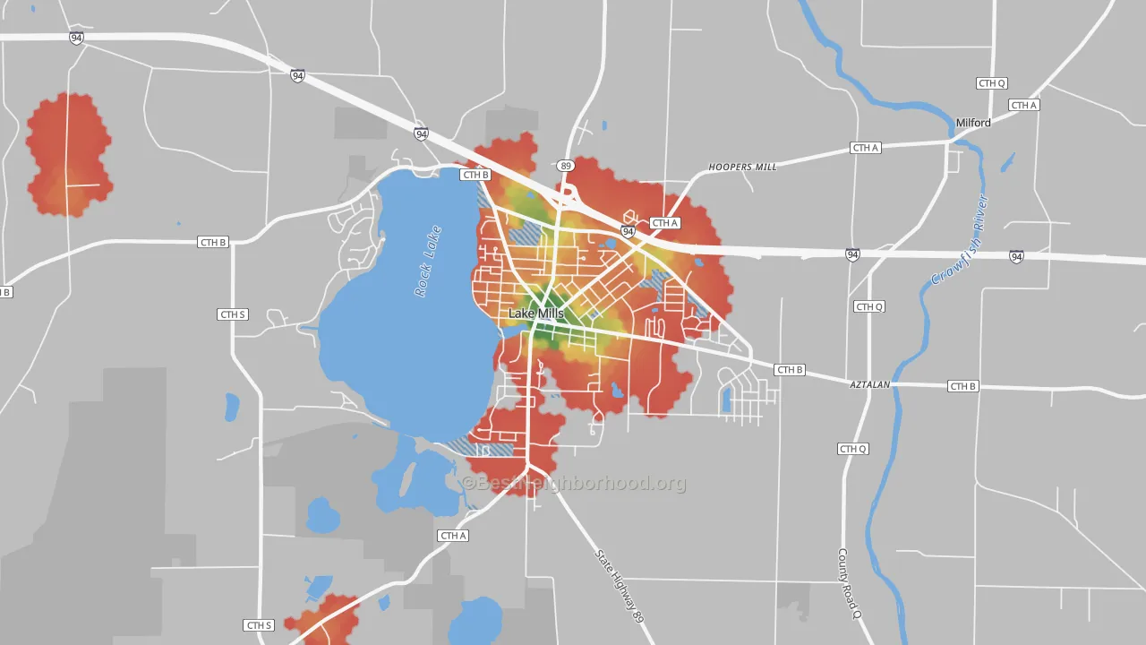 Walk Grade map of 53551, WI, walkable areas in green and car-dependent areas in red