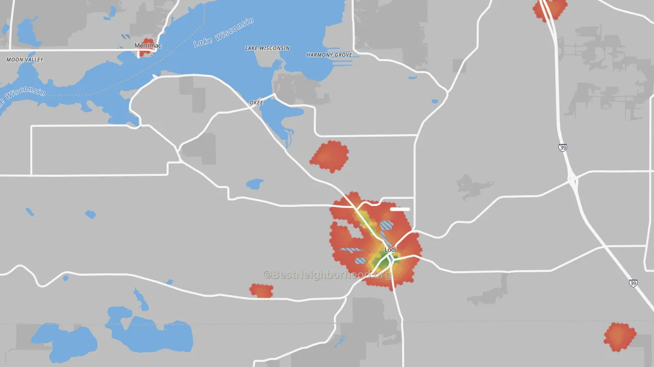 Walk Grade map of 53555, WI, walkable areas in green and car-dependent areas in red