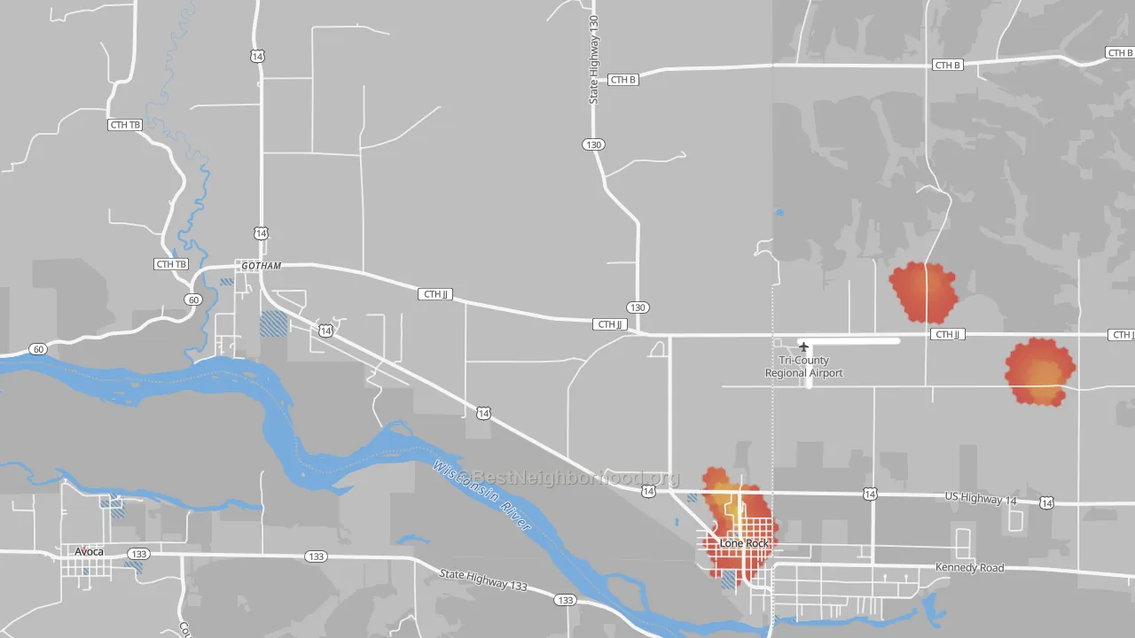 Walk Grade map of 53556, WI, walkable areas in green and car-dependent areas in red