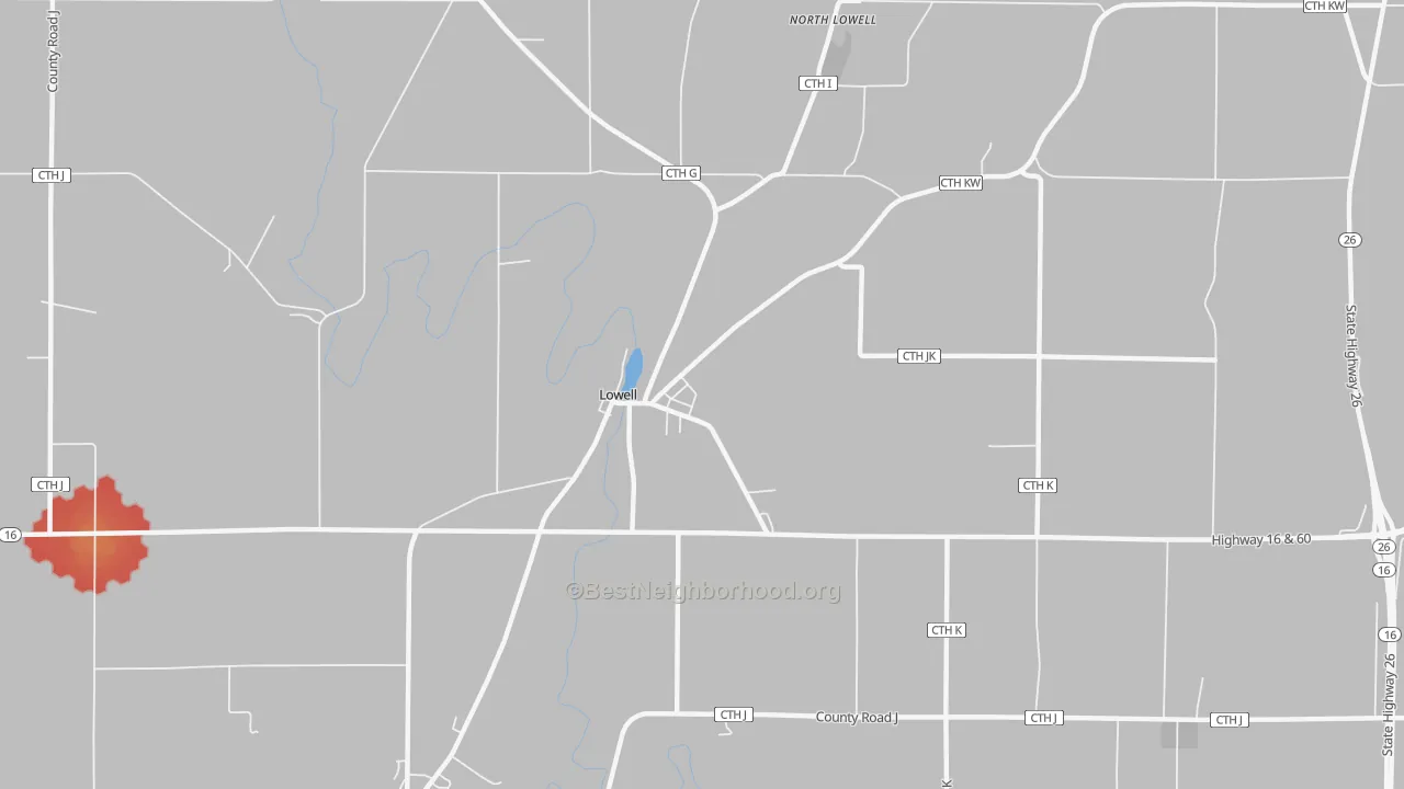 Walk Grade map of 53557, WI, walkable areas in green and car-dependent areas in red