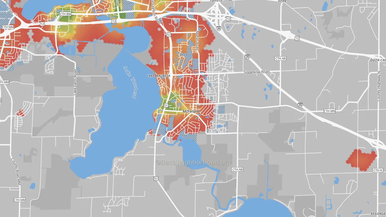 Walk Grade map of 53558, WI, walkable areas in green and car-dependent areas in red