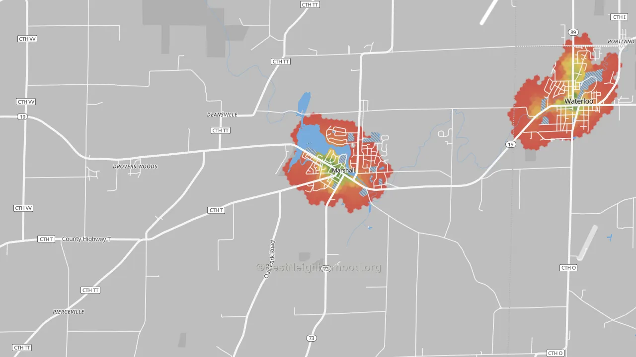 Walk Grade map of 53559, WI, walkable areas in green and car-dependent areas in red