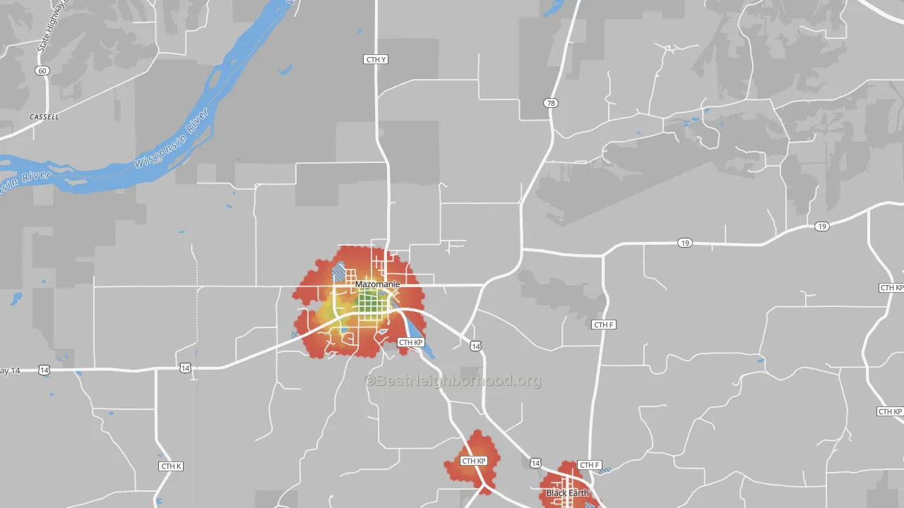 Walk Grade map of 53560, WI, walkable areas in green and car-dependent areas in red