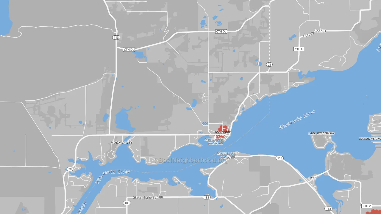 Walk Grade map of 53561, WI, walkable areas in green and car-dependent areas in red