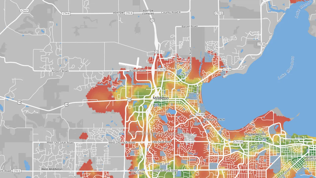 Walk Grade map of 53562, WI, walkable areas in green and car-dependent areas in red