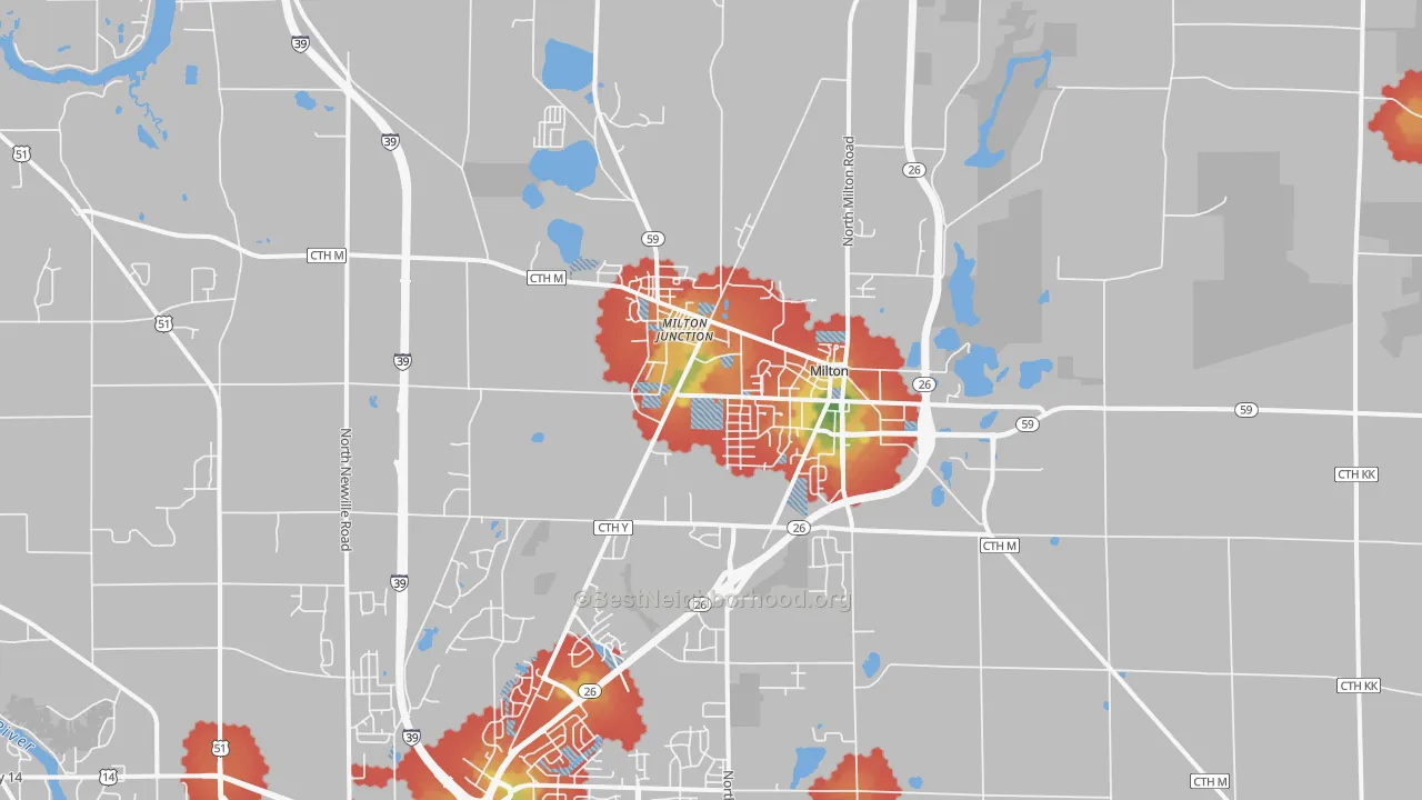 Walk Grade map of 53563, WI, walkable areas in green and car-dependent areas in red