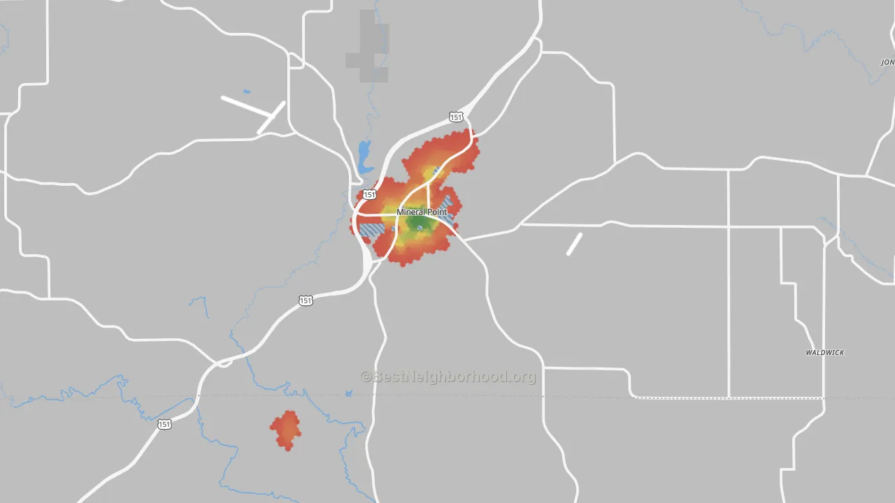 Walk Grade map of 53565, WI, walkable areas in green and car-dependent areas in red