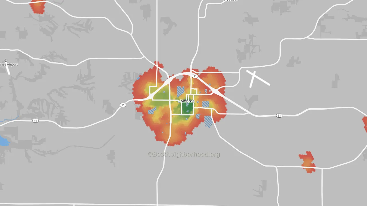 Walk Grade map of 53566, WI, walkable areas in green and car-dependent areas in red