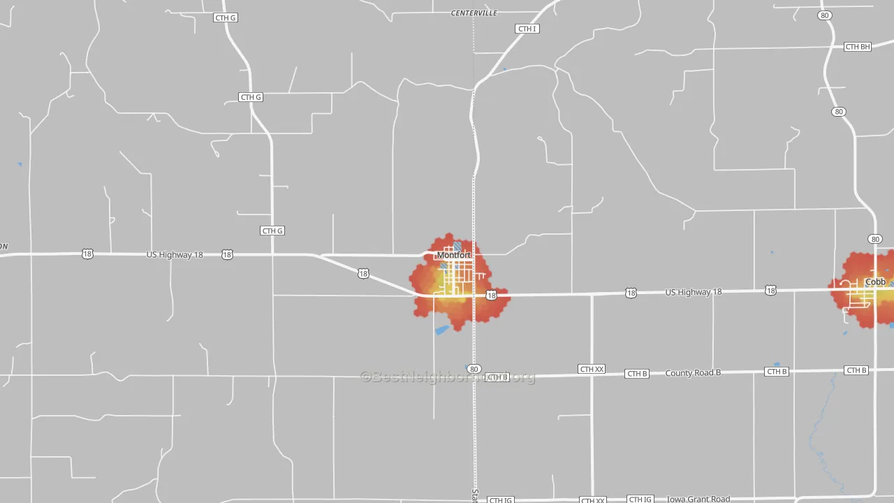 Walk Grade map of 53569, WI, walkable areas in green and car-dependent areas in red