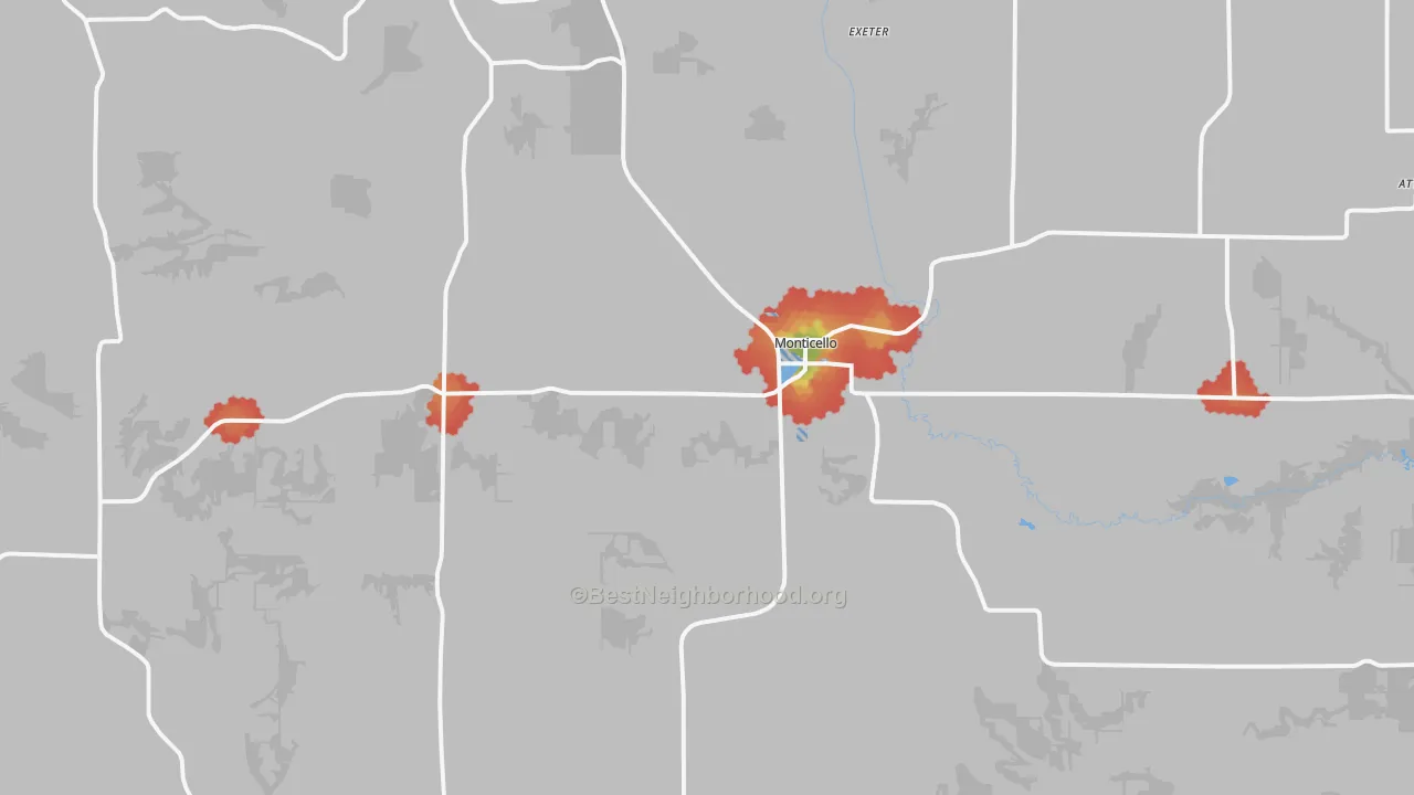 Walk Grade map of 53570, WI, walkable areas in green and car-dependent areas in red