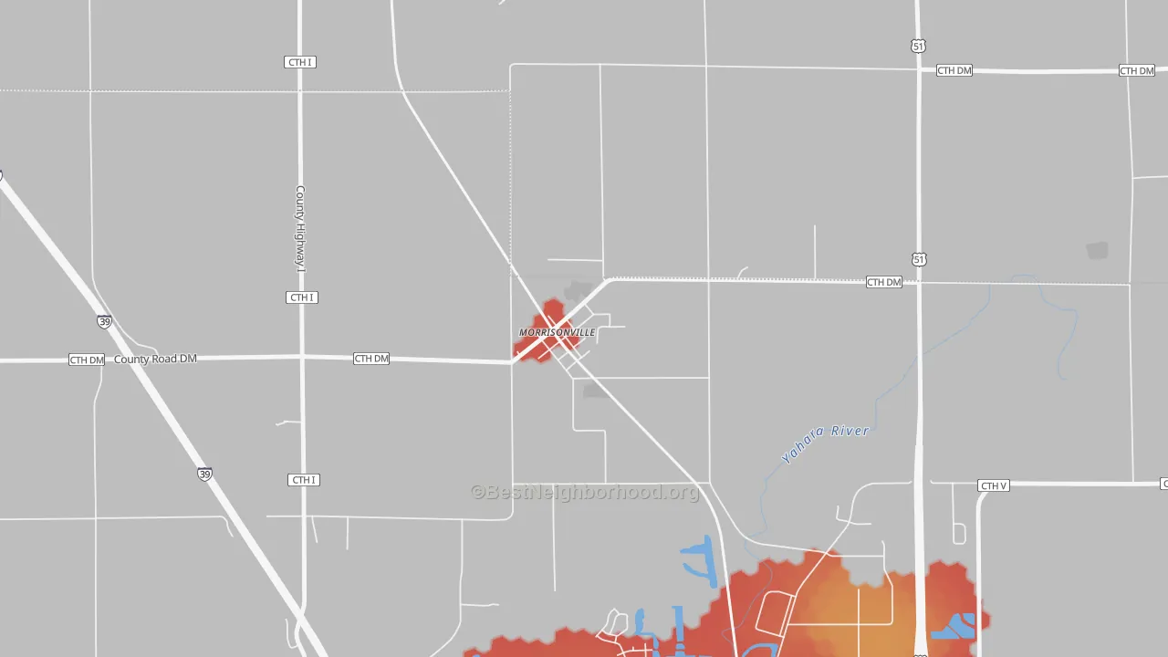 Walk Grade map of 53571, WI, walkable areas in green and car-dependent areas in red