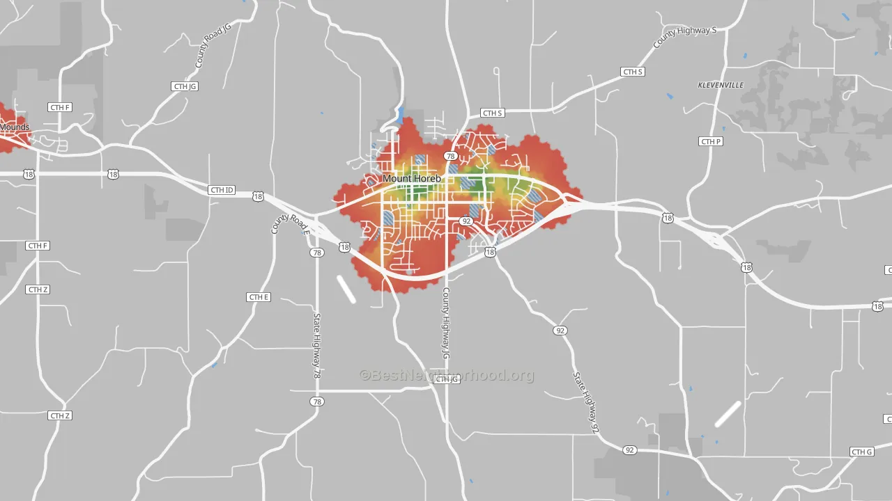 Walk Grade map of 53572, WI, walkable areas in green and car-dependent areas in red