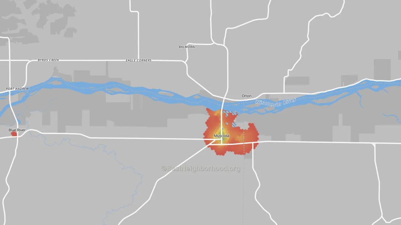Walk Grade map of 53573, WI, walkable areas in green and car-dependent areas in red