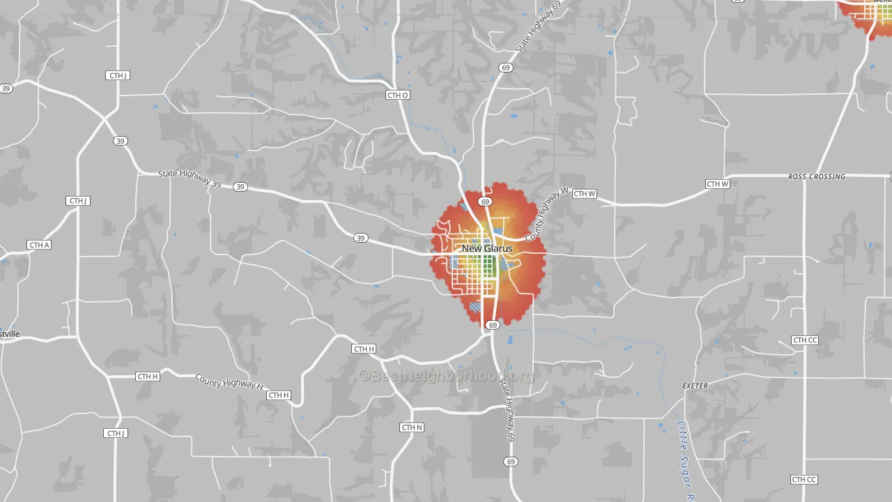 Walk Grade map of 53574, WI, walkable areas in green and car-dependent areas in red