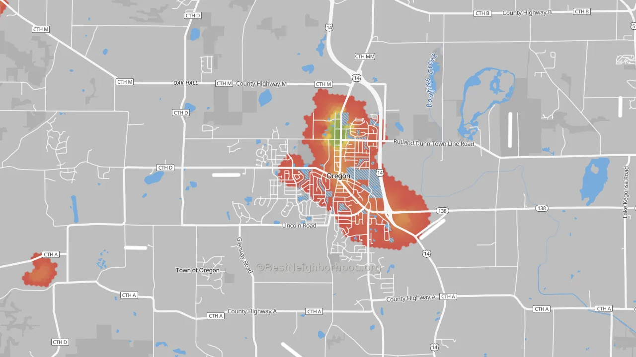 Walk Grade map of 53575, WI, walkable areas in green and car-dependent areas in red