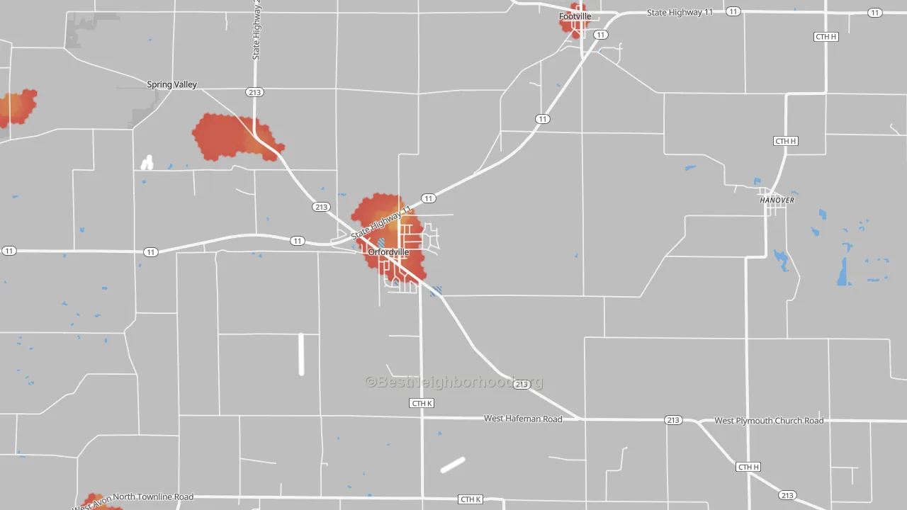 Walk Grade map of 53576, WI, walkable areas in green and car-dependent areas in red
