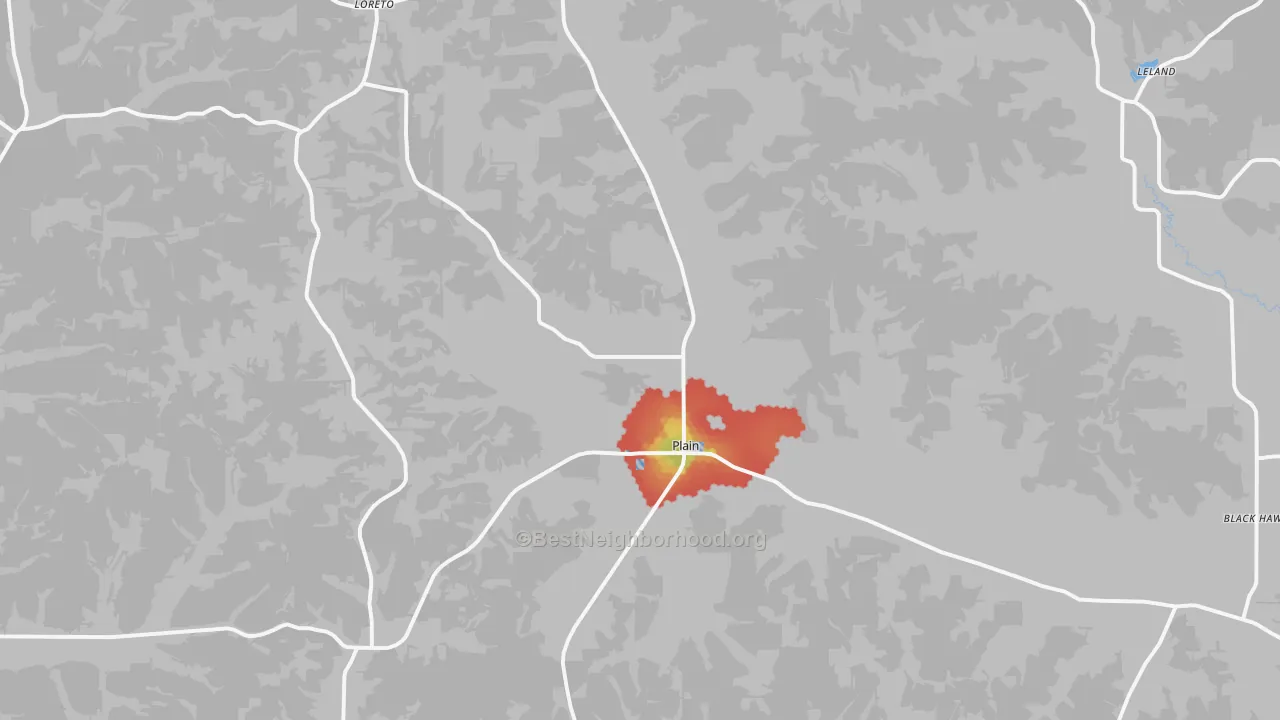 Walk Grade map of 53577, WI, walkable areas in green and car-dependent areas in red